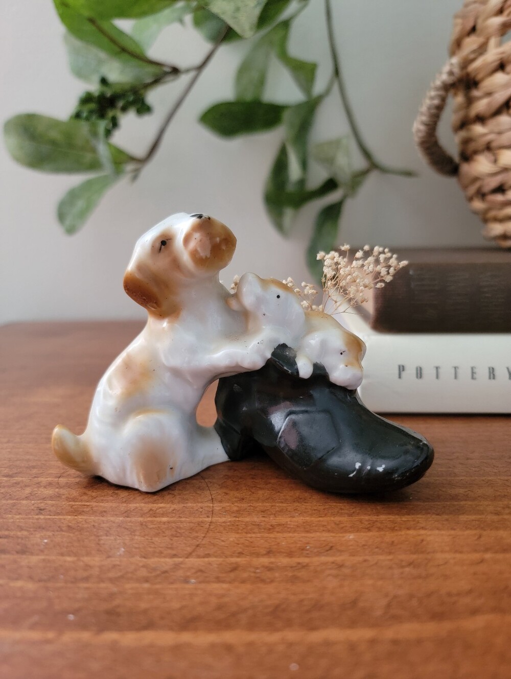 Vintage Made In Japan Dog & Puppy Dog Boot Porcelain Toothpick Holder